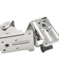 Silver steel heavy duty folding table leg brackets with 0 to 90 degree adjustable locking hinges for DIY workbenches.