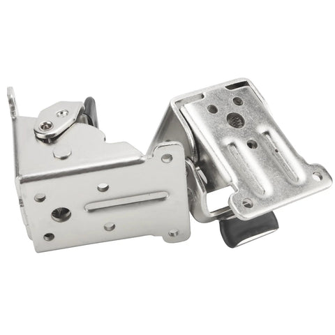 Silver steel heavy duty folding table leg brackets with 0 to 90 degree adjustable locking hinges for DIY workbenches.