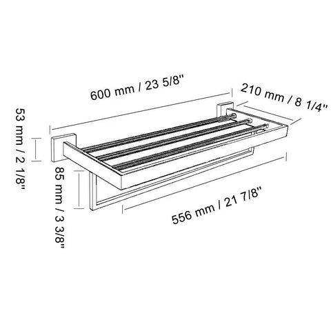 Square Towel Rack With Single Bar Wall Mount Shelf Rustproof Stainless Steel In Matte Black Finish dimensions diagram