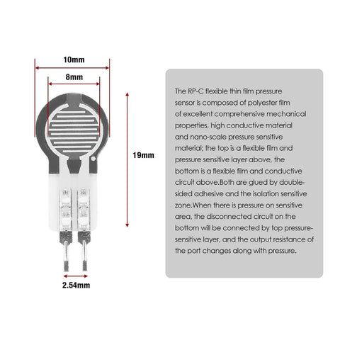 Two-pack DF9-16 thin-film force sensors; round 10 mm diameter disk with 2.54 mm pin spacing and 19 mm length.