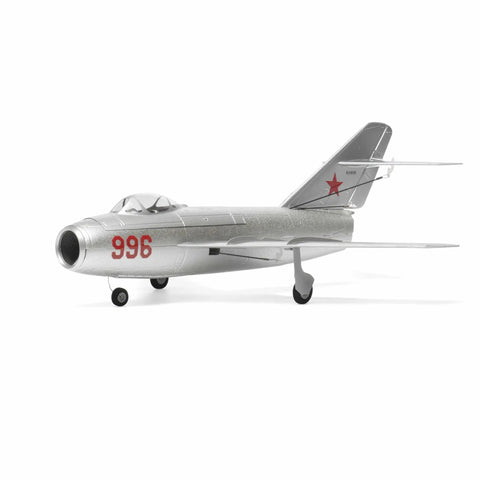 Silver MiG-15 Micro EDF RC Plane With 4CH 2.4GHz Gyro Stabilized Jet, displayed with detachable landing gear.