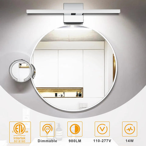 Chrome 23.6 Inch LED Vanity Light Over Mirror, 14W Dimmable Fixture With 5 CCT Settings in modern bathroom setting