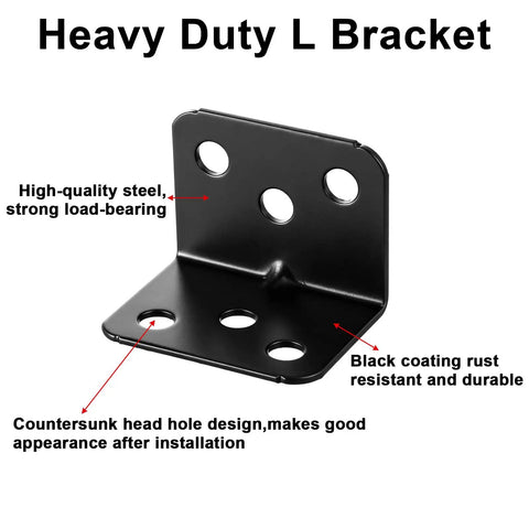 Heavy Duty Stainless Steel L Shape Corner Braces Kit With 100 Pieces And 600 Screws For Wood Shelves Cabinets And Furniture 90 Degree Right Angle Brackets For Solid DIY Repairs, black coated L bracket with countersunk holes
