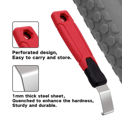 Vinyl Siding Removal Tool With Extra Long Handle And Curved Tip Non Slip Grip showing red handle and steel blade.