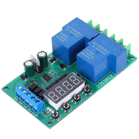 Beefy 30A 12V Multi Function Motor Controller With Metal Housing For Robotics And Automation Six Modes Low Standby Current About Seven Milliamp Custom Delay Settings High Reliability Easy Integration For DIY Projects, PCB with dual relays and display