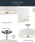 14 Inch 3 Light Semi Flush Mount Ceiling Light Fixture in Brushed Nickel with Satin Etched White Diffuser and Microfiber Shade