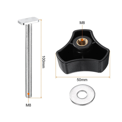 5 Piece Pro Grade T Track Bolts Knob Kit For Woodworking Jigs And Fixtures M8x100mm Threaded Bolts M8x50mm Triangle Hand Knobs With Washers