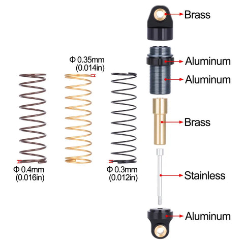 Exploded view of Aluminum 28.5mm Shock Absorbers For 1 To 30 Axial RC SCX30 Crawler Upgrade Parts with labeled materials and springs.