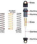 Exploded view of dry maintenance free 28.5mm aluminum RC shocks showing components: aluminum, brass, stainless for Axial SCX30.