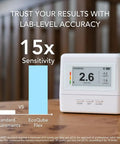 Continuous Home Radon Detector With Battery Power And Display Super Fast Readings For Quick Easy Home Safety Checks EF100 Style Smart Radon Sensor Fast Easy To Read Digital Display And Battery Operated For Portable Home Monitoring, tabletop view