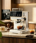 Straight Fire Smart Fully Automatic Espresso Machine Loaded With A Built In Conical Burr Grinder And Twenty Five Precision Settings For Brewing Hot And Cold Brew Coffee Right At Home Daily on kitchen counter with coffee cups.