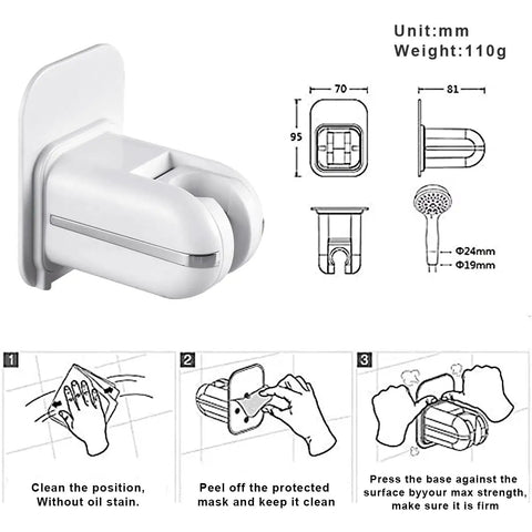 360 Degree Adjustable Shower Head Holder Wall Mount with Tool Free Ultra Strong Adhesive bracket, installation guide