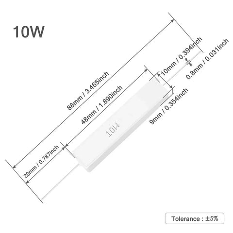 Diagram showing dimensions of 10 Pack 10W Ceramic Cement Resistors 200 Ohm Wirewound With 5 Percent Tolerance high temperature use