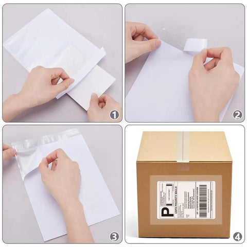 These Transparent Self Adhesive Planner Pockets And Shipping Label Sleeves keep packing slips secure on a shipping box.