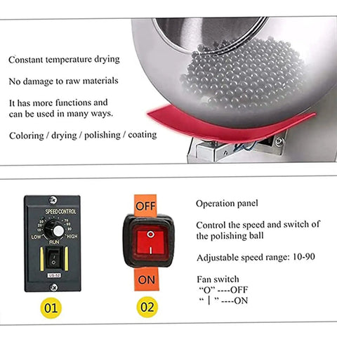 Smooth Operator Sugar Coating Machine With Steady Heat Controls For Shiny Candy Polish And Fast Tablet Glazing showing operation panel with speed control.