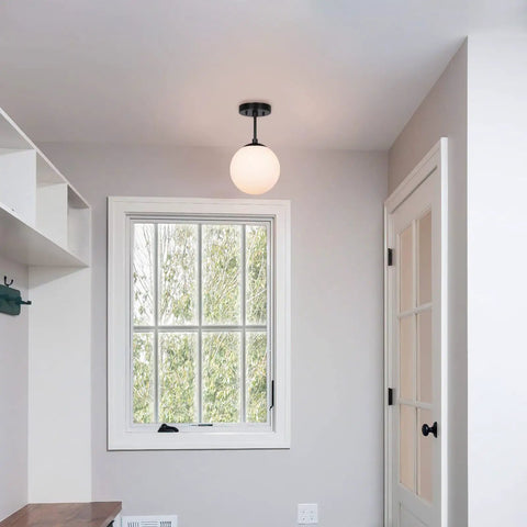 Semi Flush Ceiling Light With Globe White Glass Shade In Dope Matte Black Finish, 1 Light Modern Fixture For Living Room And Dining Room
