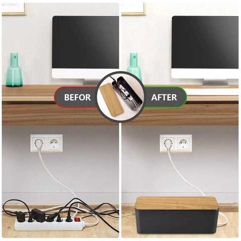 Before and after of Large Wood Grain Cable Management Box To Hide Wires And Power Strips For TV Desk And Computer Cables Keeps Your Setup Clean Includes Cable Clips And Reusable Cable Ties For Home And Office Black placed under desk.