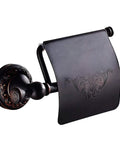 Oil Rubbed Bronze Toilet Paper Holder With Cover featuring brass body and engraved floral details, easy mount for bathroom use.