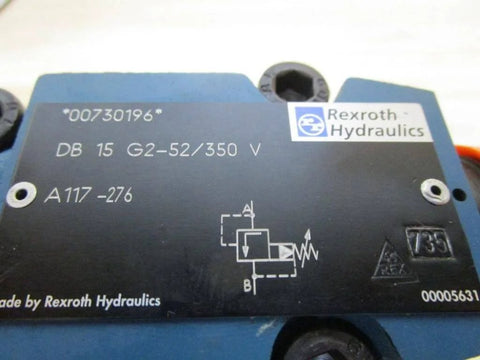Directional control DB15G252/350 single unit 00730196 on nameplate of hydraulic valve, close-up view of specifications and branding.