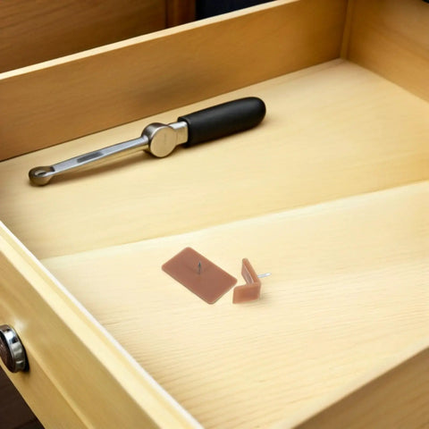 Plastic Cabinet Drawer Slides And Tack In Glides With Rectangle And L Shaped Stops in a wooden drawer with tool