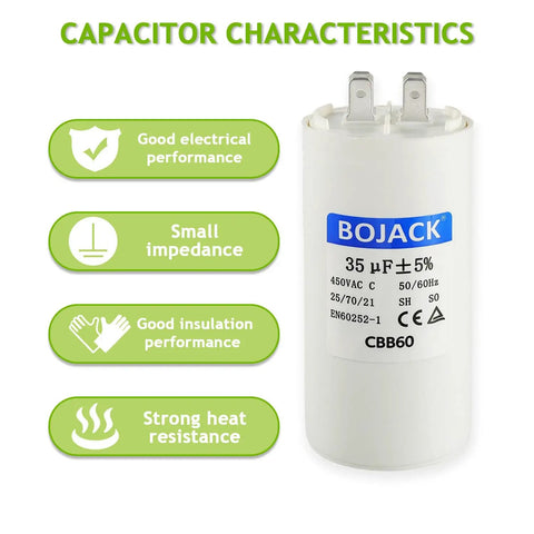 CBB60 35uF 450V AC Capacitor Round Run Start Capacitor With Two Sets Of Inserts, showing electrical characteristics