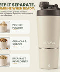 Dual Insulated Stainless Steel Protein Shaker Bottle With Separate Dry Storage Compartment And Built In Mixing Whisk 15 Oz Gym Cup featured with separate compartments for protein powder and snacks.