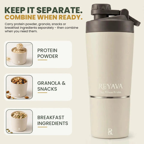 Dual Insulated Stainless Steel Protein Shaker Bottle With Separate Dry Storage Compartment And Built In Mixing Whisk 15 Oz Gym Cup featured with separate compartments for protein powder and snacks.