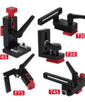Badass Durability Aluminum T Slot Track Stop For Workbenches Slick Glide Flip Fence And Dead Nuts Precise Woodworking Chute Limiter No Sweat Assembly Slide Gate Connector For Pros Black four clamps layout, showcasing F45, T30, F30, T45, F75, black and red design