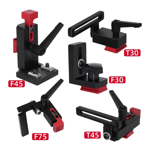 Badass Durability Aluminum T Slot Track Stop For Workbenches Slick Glide Flip Fence And Dead Nuts Precise Woodworking Chute Limiter No Sweat Assembly Slide Gate Connector For Pros Black four clamps layout, showcasing F45, T30, F30, T45, F75, black and red design