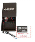 Heavy Duty Battery Box Kit For Vehicular Swing Gates And Deer Feeders Holds Two 12V Power Packs with locking lid open, wiring visible.