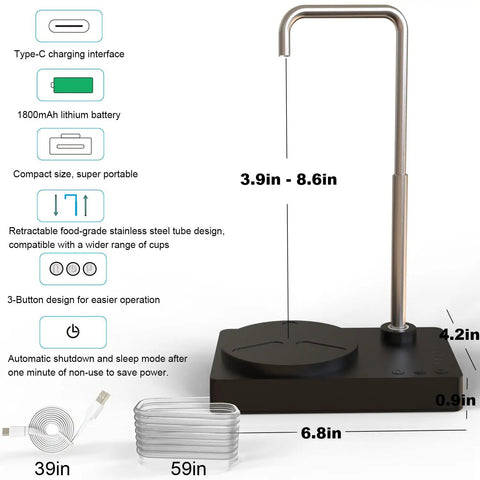 Portable Desktop Water Dispenser With Auto Pump And USB Rechargeable Water Bottle Pump, black base and stainless steel spout