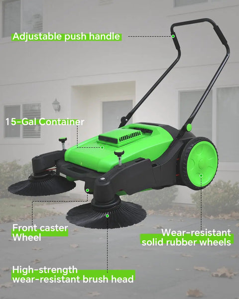 Heavy Duty 43 Inch Industrial Walk Behind Push Floor And Lawn Sweeper with adjustable handle and 15-gal container for fast debris clearance.