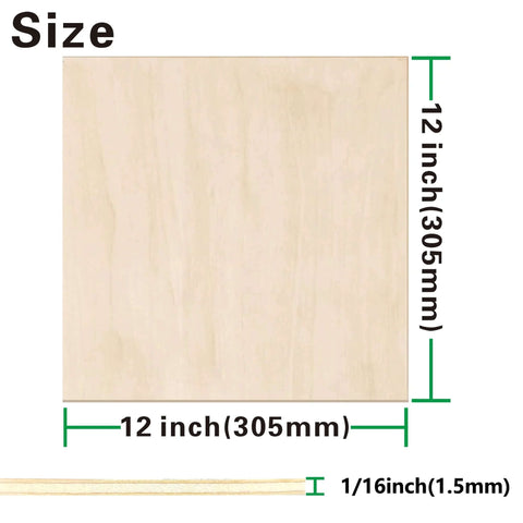Basswood sheets, 12x12 inches, 1/16 inch thick, natural unfinished wood, 12-pack