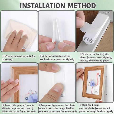 Step-by-step guide for Heavy Duty Picture Hanging Strips installation for frames and mirrors, showing application process.