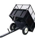 Beefed Up 2 In 1 Dumping System ATV Trailer Steel Dump Cart in tilted position with rugged steel frame, 22 cu ft capacity, 750 lb load.