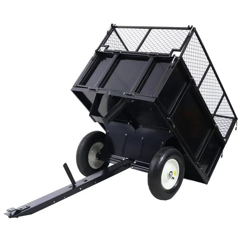 Beefed Up 2 In 1 Dumping System ATV Trailer Steel Dump Cart in tilted position with rugged steel frame, 22 cu ft capacity, 750 lb load.