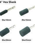 Ten Pack Of Super Durable Aluminum Oxide Grinding Stones With Easy Fit Hex Shank For Rotary Tools Drills And Grinders Perfect For Tough Grinding Sharpening And Polishing Jobs On Metal And More, shown in various diameters with 1/4 inch hex shank.
