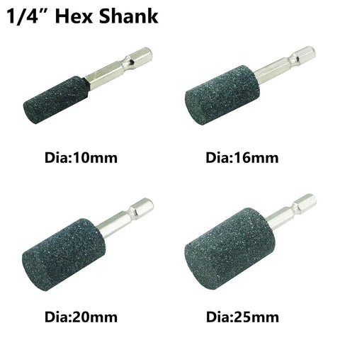 Ten Pack Of Super Durable Aluminum Oxide Grinding Stones With Easy Fit Hex Shank For Rotary Tools Drills And Grinders Perfect For Tough Grinding Sharpening And Polishing Jobs On Metal And More, shown in various diameters with 1/4 inch hex shank.