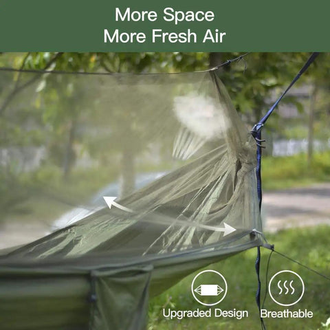 Close-up of netting on Camping Hammock With Net And Rain Fly Portable Lightweight Outdoor Hammock Tent Kit for ventilation