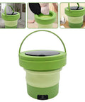 Portable Mini Washing Machine 6 Liter Foldable Compact Cleaner Lightweight Design for Travel and Small Spaces Green with handle and lid.