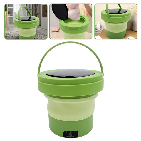Portable Mini Washing Machine 6 Liter Foldable Compact Cleaner Lightweight Design for Travel and Small Spaces Green with handle and lid.