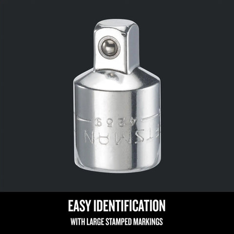 Three Eighths To One Half Inch Socket Adapter For One Half Inch Drive, Female To Male, Chrome Plated, Large Easy Read Markings