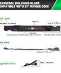 Top, side, and right-end view of Grasscool mulching blade compatible with 21-inch mower deck showing dimensions and bow tie hole.