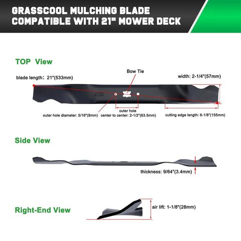 Top, side, and right-end view of Grasscool mulching blade compatible with 21-inch mower deck showing dimensions and bow tie hole.
