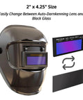 Auto Darkening Welding Lens For Helmet With HD True Color Optics 2x4.25 Inch Shade 3 And 11 displayed on a helmet