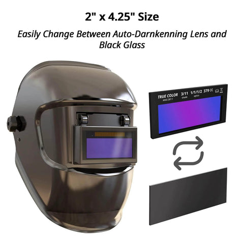 Auto Darkening Welding Lens For Helmet With HD True Color Optics 2x4.25 Inch Shade 3 And 11 displayed on a helmet