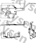 Technical drawing of Carbon Steel Self Closing Vinyl Fence Gate Hinge And Latch Hardware Kit with dimensions marked in inches.