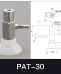 PAT Series One Layer Pneumatic Manipulator Suction Cup Chuck In Crisp White, showing the PAT-30 model with dimensions and fittings.