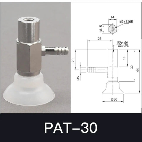 PAT Series One Layer Pneumatic Manipulator Suction Cup Chuck In Crisp White, showing the PAT-30 model with dimensions and fittings.