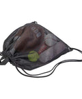 Heavy Duty Mesh Drawstring Gear Bag For Beach, Pool, And Gym Sports Equipment, Ventilated Lightweight Storage Sack with contents visible